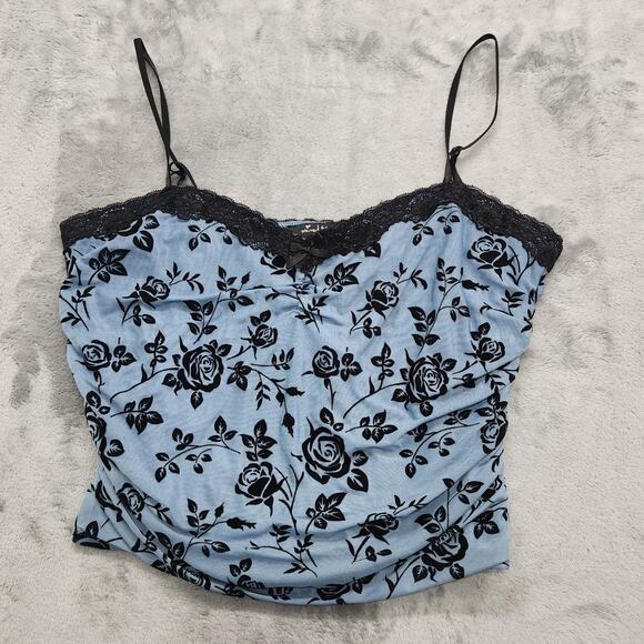 Mixed Threads Top Womens L Blue Black Floral Velvet Mesh Ruched Crop Cami Tank - Picture 1 of 8
